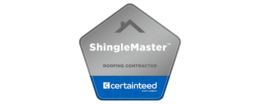 CertainTeed ShingleMaster certified roofing contractor badge with silver and blue pentagon design